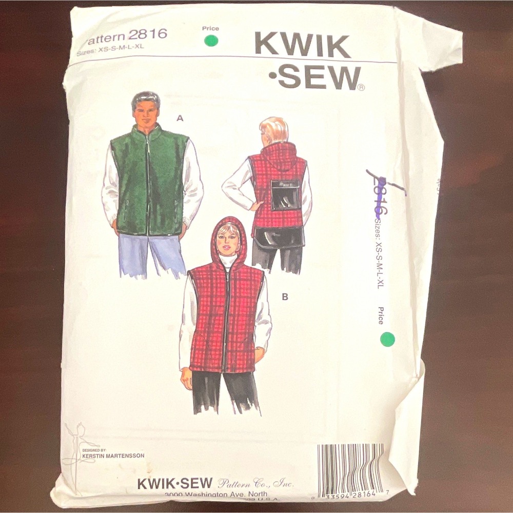 Kwik Sew 2816 VTG 1990s Unisex Adult Hooded Vest Pattern XS-XL Uncut